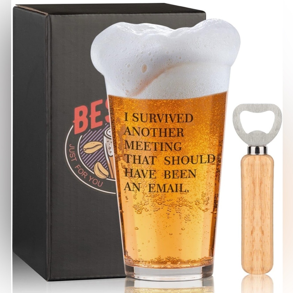 Funny Beer Glass with Opener I Survived Another Meeting.. Should Have Been Email